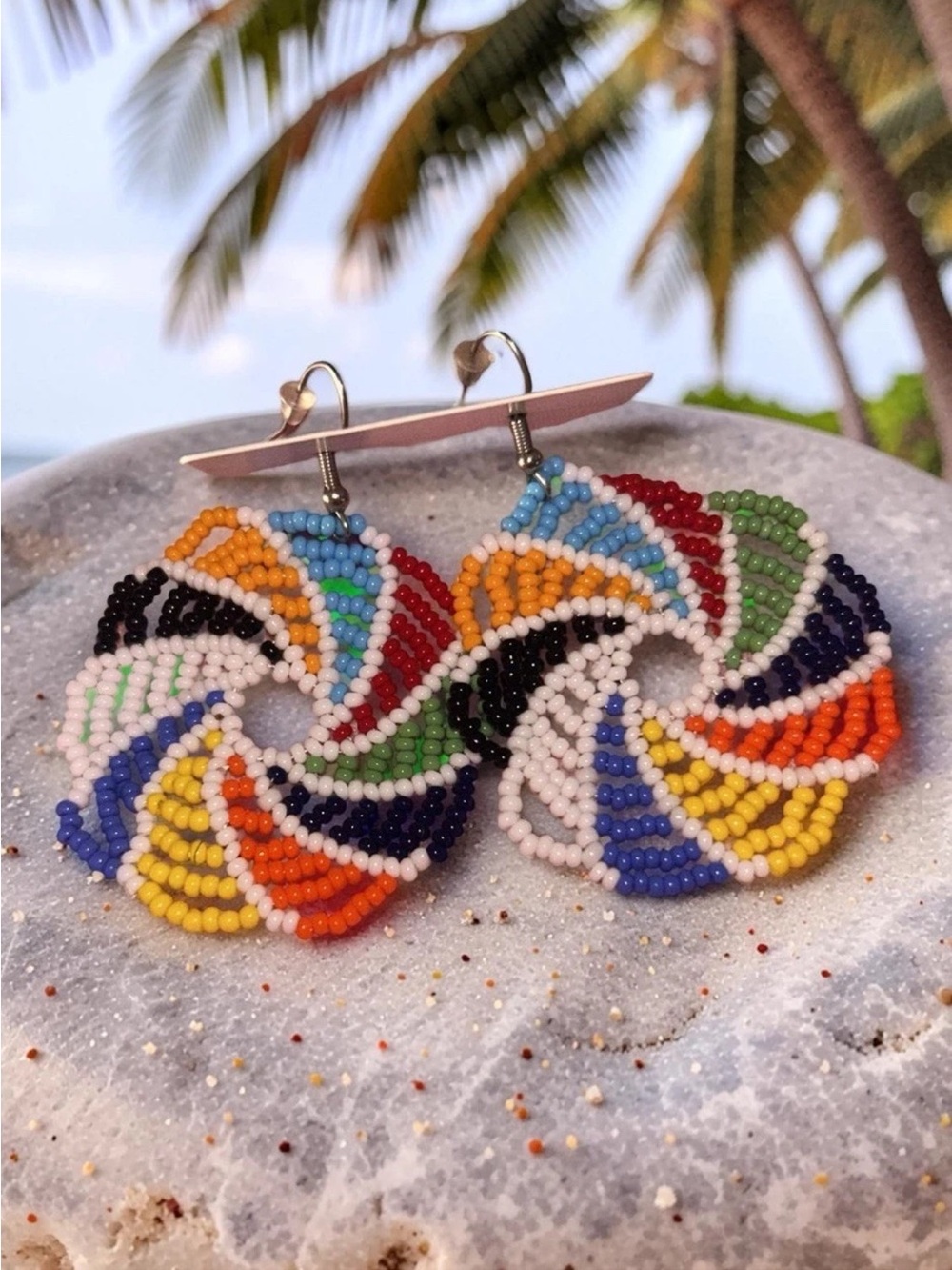 Pinwheel Earrings Large Boho American Seed Beads Handmade Multicolored New